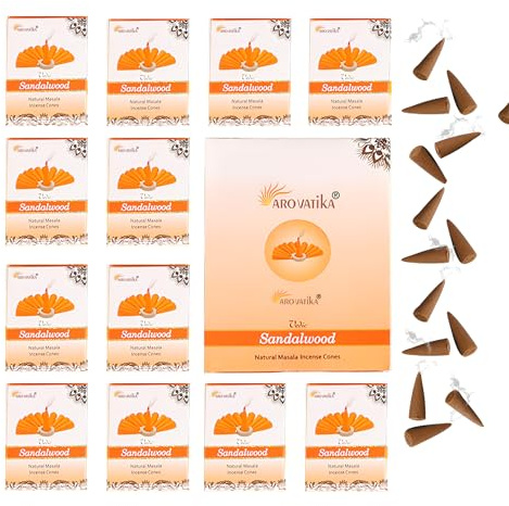ARO VATIKA Vedic Sandalwood Natural Masala 120 Incense Cones in Pack of 12 Boxes |12 Assorted Fragrances Dhoop Cones | Best for Prayer, Reiki, Meditation and Relaxation | Burn time- 25 Mins