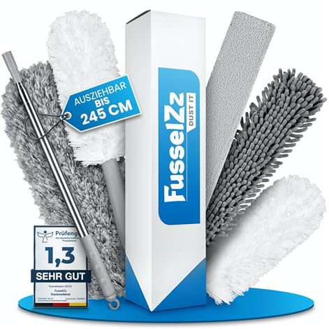FusselZz® dust it Staubwedel teleskop waschbar [GROßES Set] – lang ausziehbar bis 2,45 m – Spinnwebenbesen mit Teleskopstiel – Magic Staubwischer für alle Duster Oberflächen, mikrofaserhaare