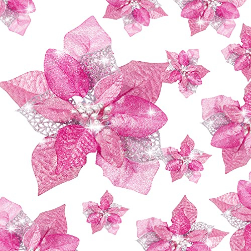 Boao 24 delar jul glitter blommor julstjärna konstgjorda julblommor bröllop julgran nyår prydnader (rosa)