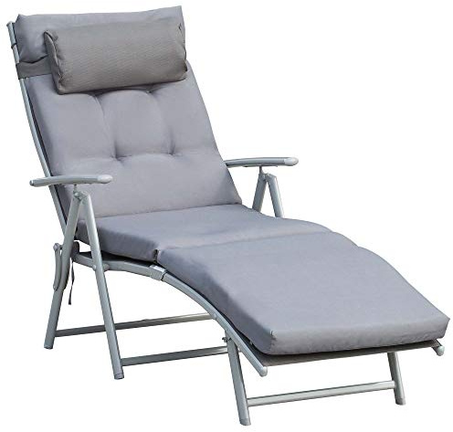 Outsunny Tumbona Plegable Tumbona de Jardín con Respaldo Ajustable en 7 Posiciones con Cojín Cuerpo Entero y Cabeza para Terraza Piscina Carga 165 kg 137x63,5x100,5 cm Gris