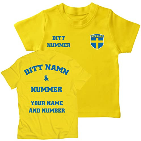 lepni.me Barn T-shirt Sverige Fotbollströja med Ditt Namn och Nummer | Svenska Flaggan Märke Personlig Jersey Custom Topp | Fans av VM 2022 (9-11 år Gul Flerfärgad)
