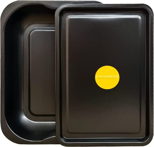 2-Pack Black Roasting Tins & Baking Tray Set – Medium Roaster (33cm) & Small Baking Tray (32cm) Non-Stick Roasting Trays for Oven, Durable Bakeware for Baking, Cooking & Roasting by KITCHENEUR®