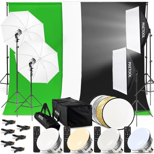 PIXETOOL - Kit de Fotografía – Fondo Fotografia – Green Screen – Soporte de Fondo – Fondos Fotografia Estudio - con 2 Softbox, Iluminación Continua, Bombillas, Sistema de Soporte