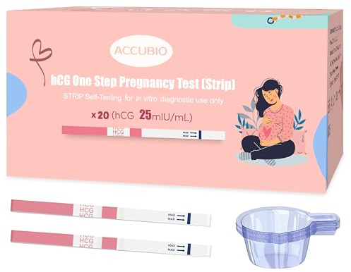 ACCUBIO Pregnancy Test Strips with Urine Cups, hCG Detection Home Pregnancy Tests, Sensitive & Over 99% Accurate, 20 Count Individually Wrapped, Rapid hCG Test Strips, 5mm Wider 25mIU/mL