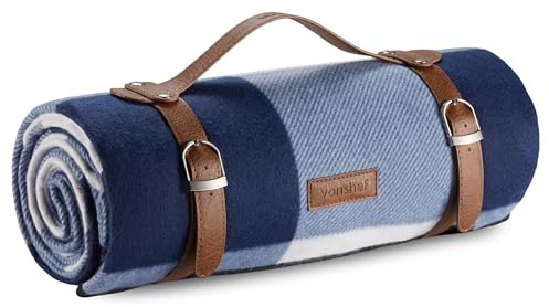 VonShef Picnic Blanket, Blue & White Tartan, 147x180cm | Outdoor Rug, Waterproof Backing, 6 Person Weatherproof, Faux Leather Handle, Travel Camping Accessories