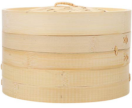 Cuiseur vapeur asiatique Dim Sum 3 pièces 2 étages Panier vapeur en bambou avec couvercle et doublures vapeur pour la cuisine asiatique, petits pains, boulettes, légumes, poisson, riz, 18 cm, panier