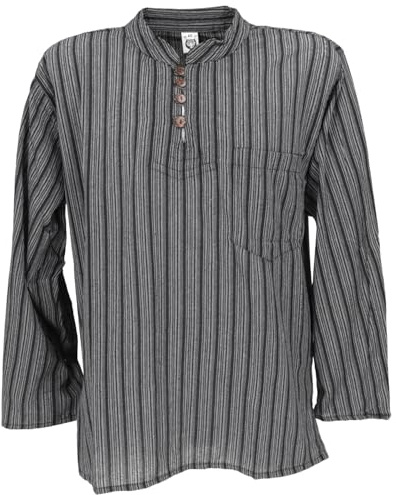 GURU SHOP Nepal fiskarskjorta, randig goa-hippie-skjorta, yogabyxor, män, bomull, svart, XXL