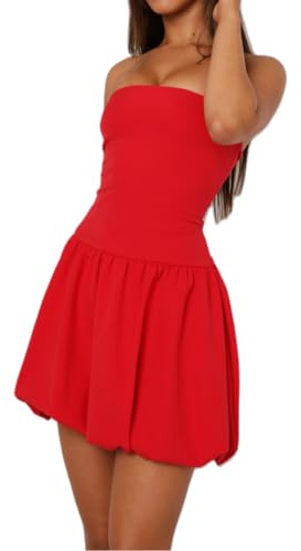 Robe bustier à bulles pour femme - Mini robe d'été courte - Bandeau - Corset - Robe de fête - Épaules dénudées - Dos nu - Patchwork - Robe bouffante, Rouge, S