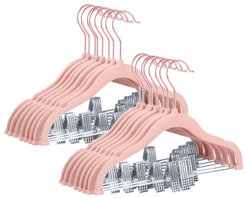 Stormix Baby Hangers, 24 Pack Pants Hanger with Clips, Heavy-Duty Kids Hangers for Shirts, Pants, Skirts, Dresses, Jackets, Coat Pink (Rose Gold Hook)