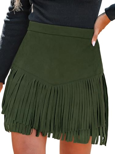CUPSHE Women Skirts Terra Cotta High Waist Fringe Casual Bodycon A-Line Office Pencil Ladies Mini Skirt, Olive Green, L