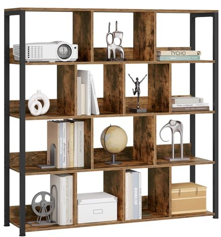 eSituro Scaffale per Libri, Scaffale con 14 Cubi in 4 Livelli, Unità di Stoccaggio Industriale per Soggiorno/Camera da Letto/Ufficio, Legno Ingegnerizzato, Marrone Rustico+Nero, 120x30x120cm
