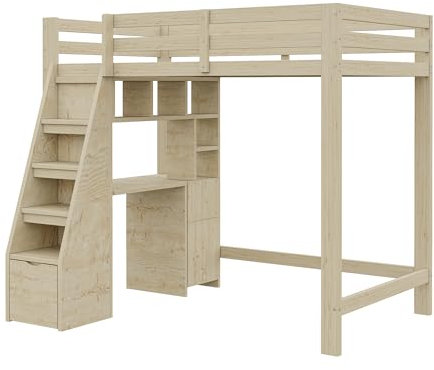 Azkoeesy Cama alta 90 x 200 cm, cama alta para niños con escaleras, escritorio, estantería, cajones, para niños, adolescentes y adultos, color madera (3 paquetes)