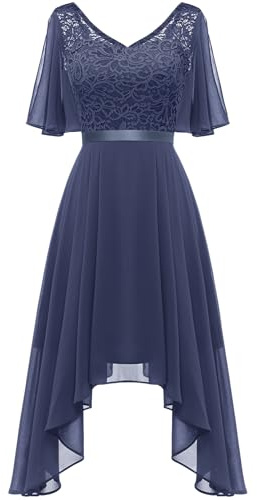Berylove Robe de soirée courte élégante pour femme - Col en V - Ourlet asymétrique - Robe de cocktail - Manches fendues - Robe en dentelle, bleu, XXL