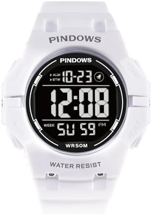 PINDOWS Militär Herren Digitaluhr, Armbanduhr 12/24 Stunden Tactical Armee Uhren 5ATM Wasserdicht mit Wecker, Stundensignal, 12/24 Stunden System, Stoppuhr, Kalender,Weiß