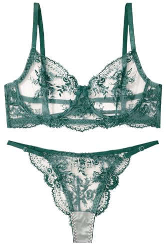 AIEOE Ensemble de Lingerie Femme Sous-vêtements Femme Ensemble Soutien-gorge et Culotte Sexy Lingerie Transparente Réseau Soutien-gorge avec Armature Tanga Fleurs Brodées Soutien-gorge 2 Pièces