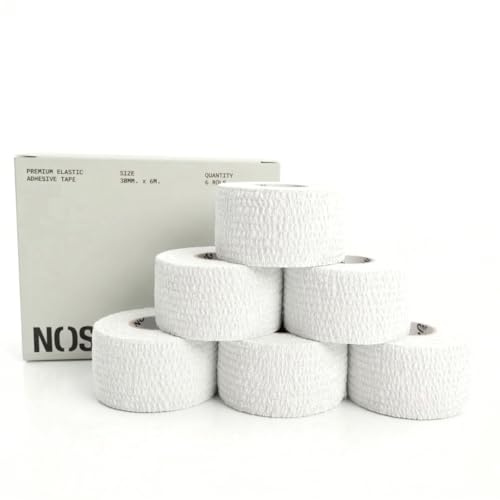 NS NOSECOND 6-Pack Tape Premium para Cross Training de algodón elástico Adhesivo de 38mm x 6m,Vendaje Elástico Adhesivo, Protección Pulgares y Dedos, Cinta Adhesiva Deportiva (Blanco)