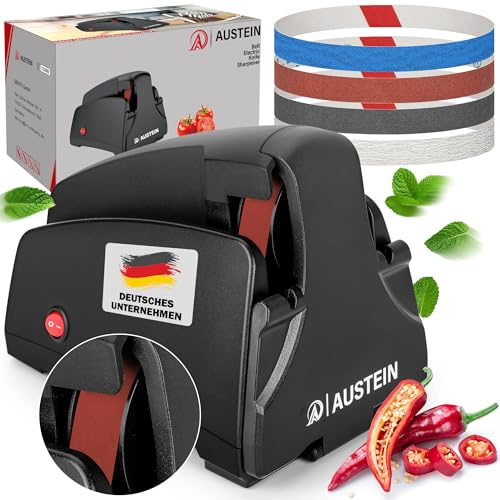 AUSTEIN® Band Messerschärfer elektrisch TG2002 - Der Profi Messerschleifer für konvexen Meister-Schliff mit 4 Schleifabstufungen (Bandschleifer)