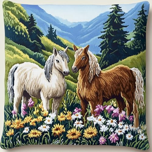 AMBATTERY Ricamo A Punto Croce Per Federa, Animali cavalli e paesaggi Punto Croce Cuscino Decorativo Kit Per Cuscino Ricamato 45x45cm Prestampato Set per Ricamare Federa