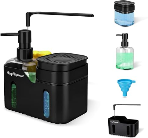 BBWELL Dispensador de Jabón para Cocina,Dosificador Jabon 4 en 1 con dosificador para jabón de Manos y lavavajillas,Embudo,Soporte para Esponja y Barra para paños,provisto de Base Antideslizante