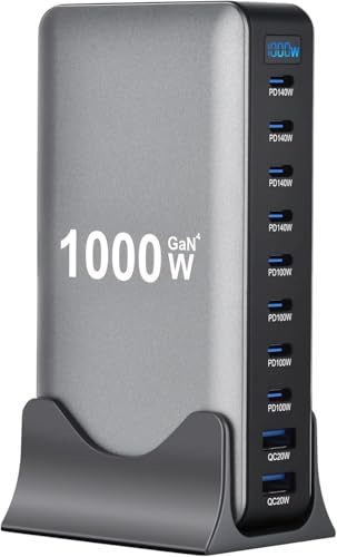 1000W Cargador USB C Múltiple, Estación de Carga GaN 10 Puertos USBC, Alimentador portátil 140W y 100W para MacBook Pro/Air, Lenovo, HP, Cargador de Mesa Multienchufe USB para iPhone, Samsung, Pixel
