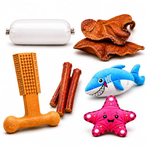 Pup Fuel Dog Treat Box - The Tougher Chewers Gift Set with Natural Chews, Pigs Ears, Pizzle's & Beef Pate Tube, Tough Toy and Toy Chew, Poop Bags for Small to Large Dogs, 5 Count