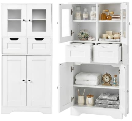 Armario Alto de Almacenamiento, Mueble de Baño, Baldas Ajustables, Panel de Partículas Melamínico Doble Cara de 15mm, Mueble Multiusos para Baño, Pasillo y Lavandería(Blanco, 60x30x128cm)