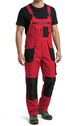 Stenso Kastor Arbeitshosen Männer Latzhose Herren Arbeitshose - Arbeitslatzhose Herren mit Elastischer Bund, Knieverstärkung, Latztasche, Verstellbare Träger, Handytasche Rot/Schwarz EU60