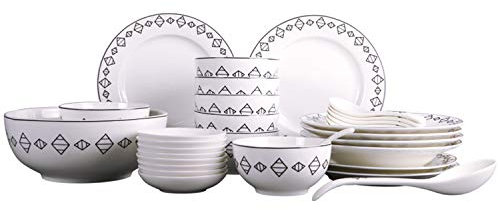 XCXDX Servizio di Posate in Ceramica Rotondo, Set per Cena, Motivo Jacquard Bianco, 34 Pezzi