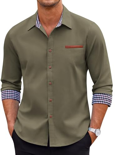 Coofandy Camisa de Vestir Casual para Hombre, con Botones, Manga Larga, de Mezclilla - - Medium