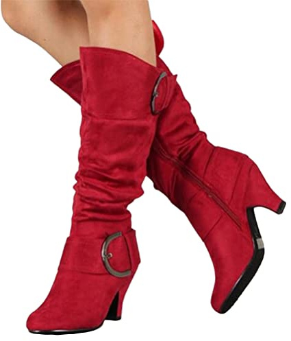 Onsoyours Mujer Botas Largas De Gamuza Casual Tacones Aguja Altos Zapatos Otoño Invierno Retro Botas Altas Calentar Moda Rojo 41