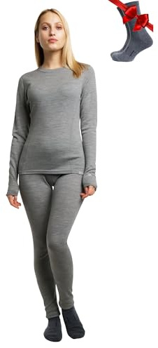Merino.tech Merino-ull baslager kvinnor set – tungvikt, lite, medelvikt merinoull termiska underkläder för kvinnor, topp, botten, 250 grå ljung, XL