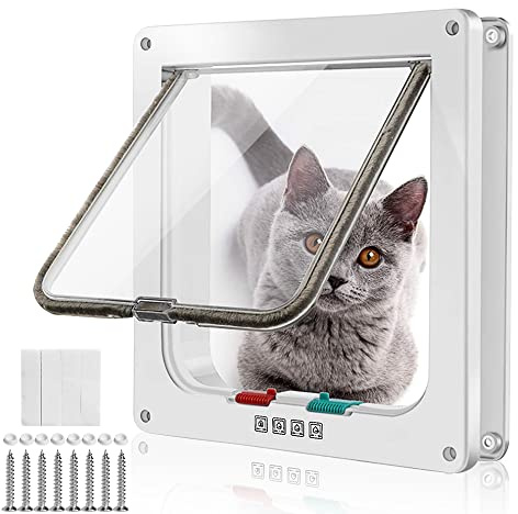 WeeGoo White Large Cat Flap, Outer Size 25 x 23.5 cm | 4 Way Lockable Cat Flaps, for Cats and Small Dogs, Weatherproof Locking Pet Door for Interior Exterior