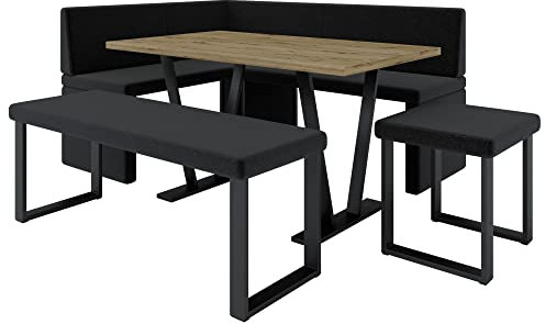 Eckbank Akiko Metal mit Tisch und Bänken - Eckbankgruppe für Ihrem Esszimmer, Küche modern, Sitzecke, Essecke. Perfekt für Küche, Büro und Rezeption. Solide Verarbeitung (INARI 100, 196x142 rechts)