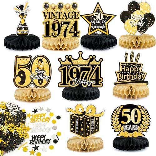 BETESSIN 50. Geburtstag Deko Männer Schwarz Gold - inkl. 9 Stück Bienenwabe Mittelstück und 15g Happy Birthday Konfetti - Tischdekoration zum 50. Geburtstag für Männer und Frauen