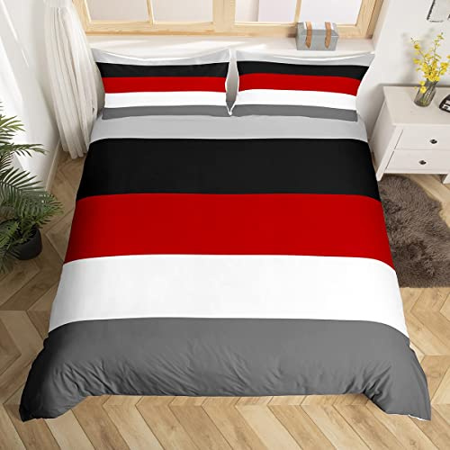Homewish Red Black Stripes Duvet Cover Set with 2 Pillowcases - Double Size, 100% Soft & Breathable Polyester, Zip Closure - Geometric Striped Bedding - Modern Simple Pattern with Black Reverse