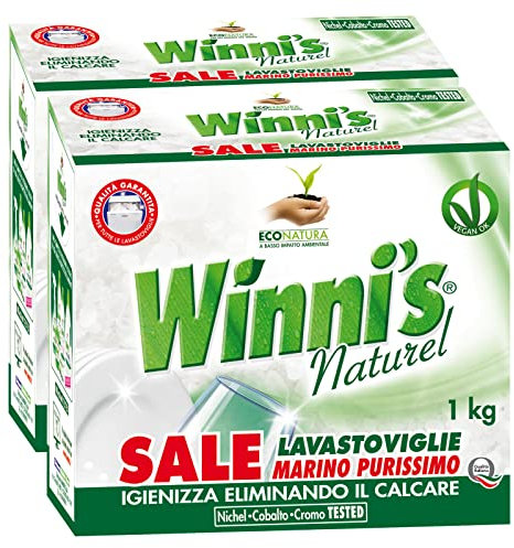 Winni's Naturel Sale Marino Purissimo per Lavastoviglie Azione Duratura Igienizza e Elimina Calcare Piatti Stoviglie Materie Prime Origine Vegetale Completamente Biodegradabili - 2 Confezioni da 1Kg