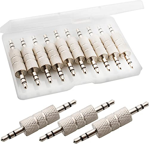 RUNCCI-YUN 10 stycken uttagskontakter 3,5 mm stereo, 3,5 mm kontakt till kontakt ljudadapter, silver, 3-polig, 3,5 mm stereouttag till 3,5 mm stereokontaktadapter, 1/8 tum ljudkopplingskontakt