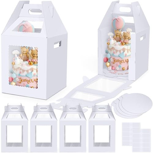 Naleyber Tall Cake Boxes for Tier Cakes with Cake Boards 4 Pack 10x10x12 Inch Large Tiered Cake Carrier Containers with Window for Wedding Birthday Bakery