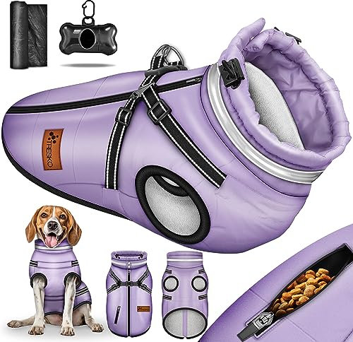 TRESKO® Hundejacke Winter mit Reflektoren inkl. 15 Stück Kotbeutel + Spender | Hunderegenmantel wasserdicht | Hundemantel mit Geschirr | Hunde Winterweste gefüttert (L, Lila)