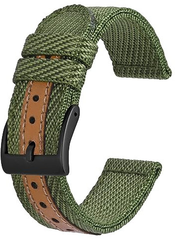 BISONSTRAP Sporty Nylon Watch Straps, Military Watch Bands for Men 20mm, Green with Black Buckle