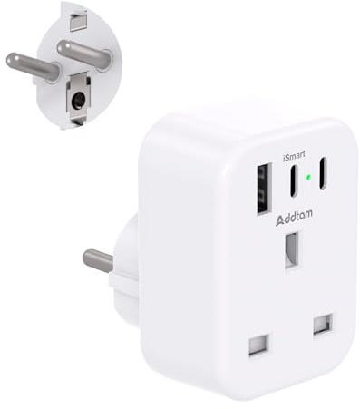 UK to European Plug Adapter with 3 USB Ports(2 USB C)