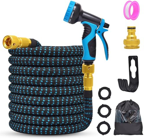 Gartenschlauch 15M/30M/45M Flexibler Gartenschlauch Wasserschlauch Schlauch mit 3/4 Zoll und 1/2 Zoll massive Messinganschlüsse 10 Funktionsdüse Brause Flexschlauch