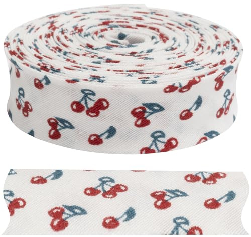 AERZETIX - C71509 - Cinta al sesgo decorativa 4.5 metros x 20mm con motivos cerezas - color verde rojo blanco - mercería galón tela confección pasatiempo creativo costura ropa
