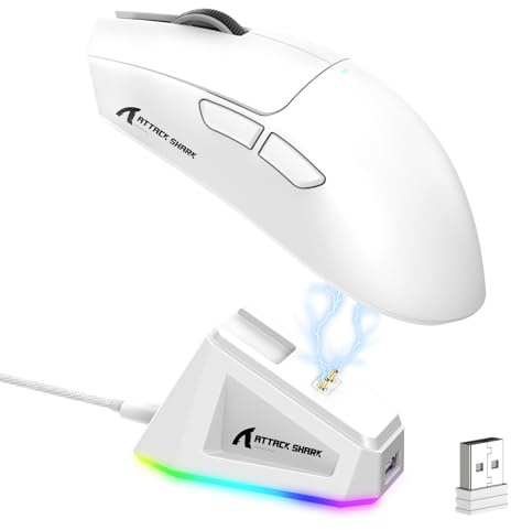 LexonElec x ATTACK SHARK X11 Trådlös Spelmus med RGB Magnetisk Laddningsdocka, PixArt PAW3311-Sensor, Lätt 59g Tri-Mode Spelmus, Trådbunden/2,4G/BT, Upp Till 22K DPI för PC/Mac-White