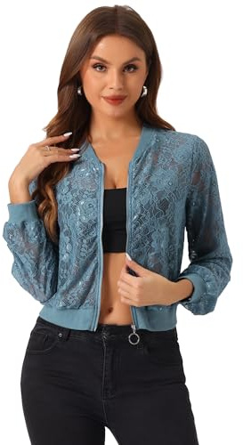 Allegra K Mujer Chaquetas de Encaje Chaqueta Bomber Transparente de Malla con Cremallera Y Cuello Alto Gris Azulado L