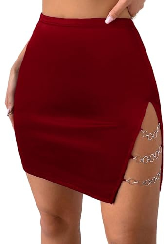 Weardear Femme Mini Jupe Sexy Jupe Crayon Courte Solide Taille Haute Jupe Elastique Fente Minijupe pour Femme Bordeaux M