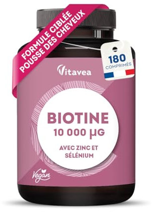 Biotine 10 000µg avec Sélénium & Zinc - Accélère la Pousse des Cheveux & des Ongles - Dosage élevé - Avec Vitamine B8-180 comprimés - Fabriqué en France - Vitavea