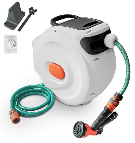 Schlauchtrommel Gartenschlauch Trommel 20m, Schlauchbox Wandmontage 180° Schwenkbar Wandschlauchbox RollUp, Gartenschlauch Aufroller with 8-functions Sprühdüse