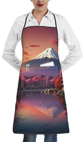 Yyoretp Delantal unisex con estampado de paisaje Fuji de Japón ajustable con bolsillo para cocinar, hornear, cocina, chef, jardinería, blanco, Talla única