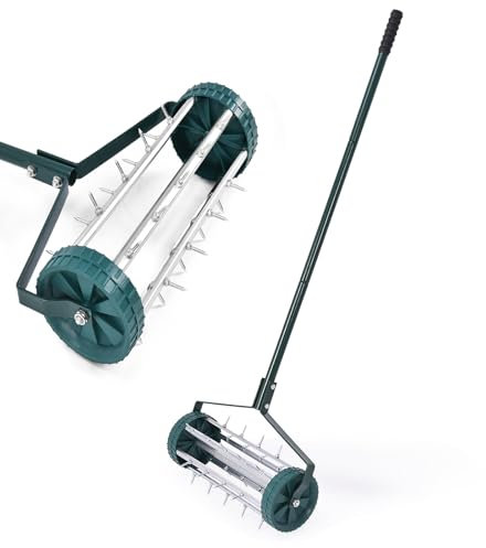 SOARS Rouleau Aérateur Gazon, Rouleau φ 15 CM, Scarificateur Manuel en Métal avec Clous de 3 CM, Protection Anti-Éclaboussures, Manche, pour l'Entretien de la Pelouse (45 X 21 X 126 CM)